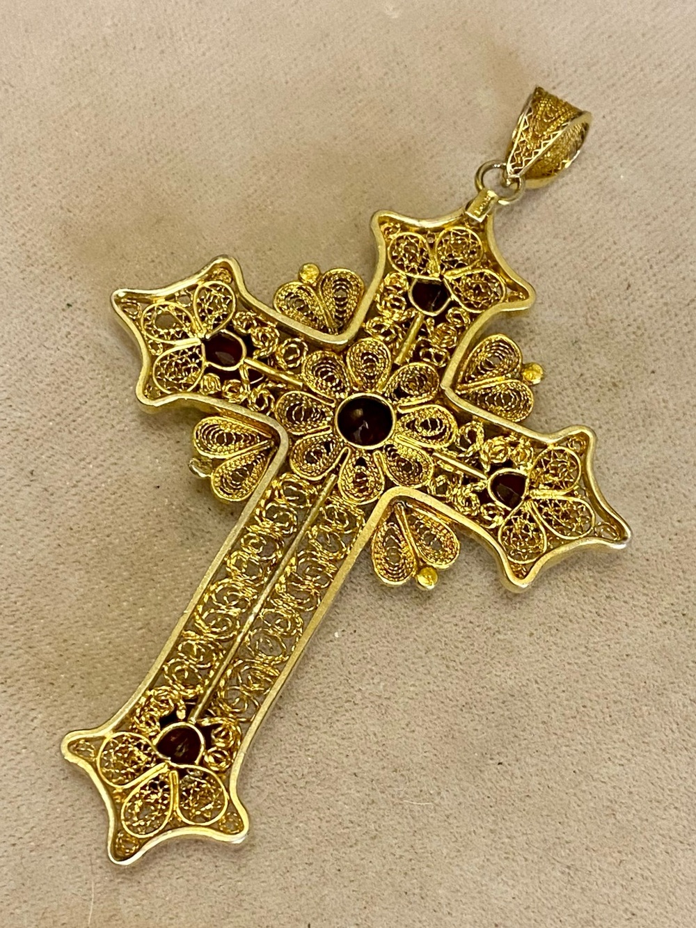 Vintage Gilt Sterling Silver Red Garnet Large Cross Pendant 925 - Picture 8 of 15